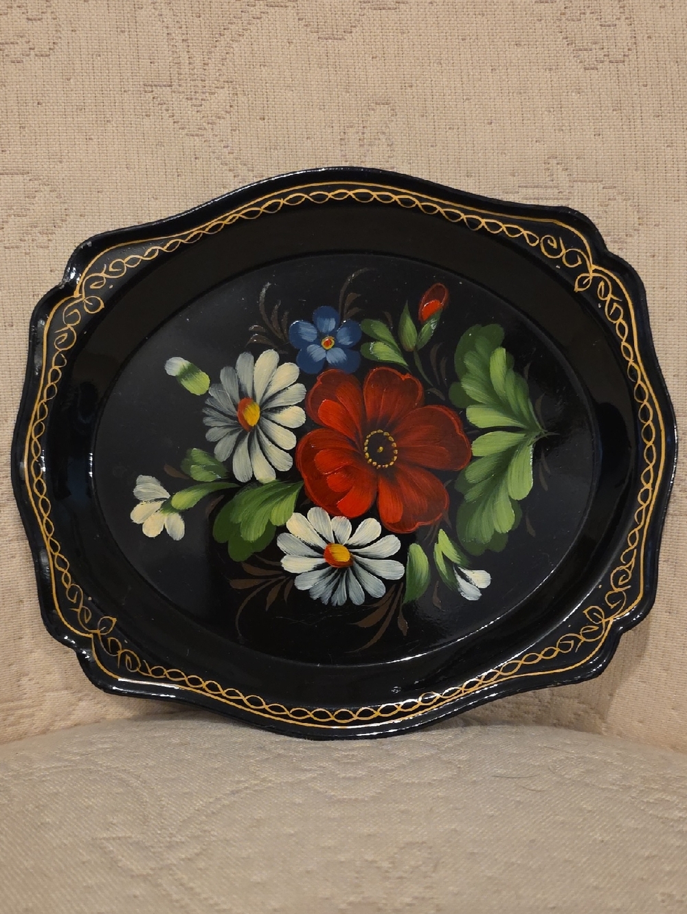 Hand-Painted Black Russian Toleware Floral Decorative Tray